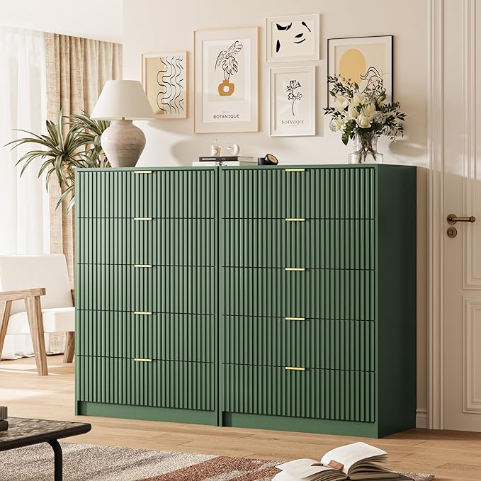 5 Drawer Dresser for Bedroom, Tall Dresser Chest of Drawers with Gold Handles, 32 Inch Wide Nightstand with for Bedroom, Living Rooms, Offices, and Entryways, Green