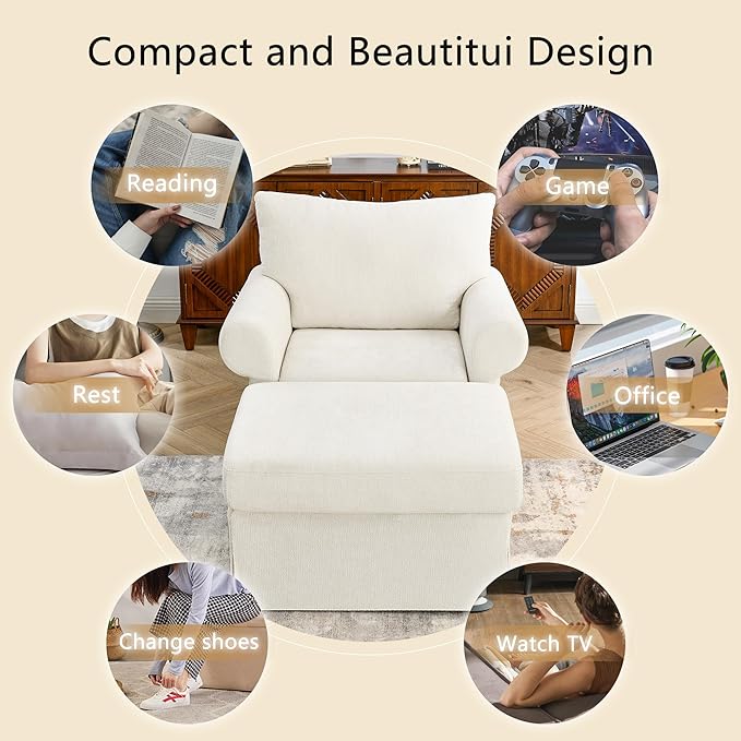 35.82” Accent Chair with Ottoman Upholstered Living Room Chairs for Reading Chair with Chaise Lounge Chairs Indoor, Comfortable Armchair for Bedroom (Beige, 35.82")
