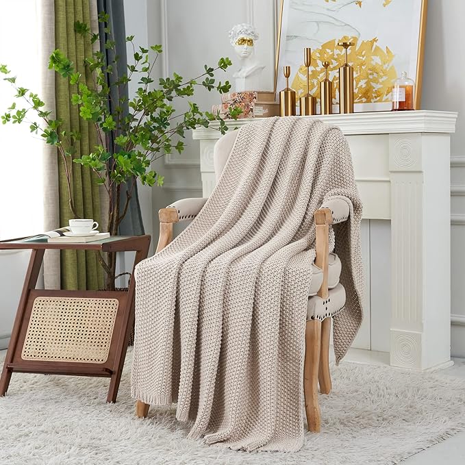 Longhui bedding Chunky Cable Knit Throw Blanket Lightweight Beige 100% Organic Cotton Blanket for Sofa Couch Bed Baby Nursery, Rustic Shabby Chic Modern Farmhouse, 60” x 80”