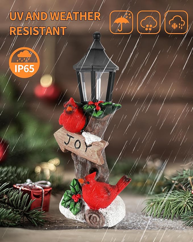 iStatue Lighted Cardinal Christmas Ornaments - 10’’ Resin 2 Red Birds Joy Lamp Post Figurine with Candle Lantern - Unique Xmas Decorations Indoor Decor Gift (Cardinal)