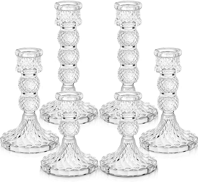 Mumufy 6 Pack Glass Taper Candle Holders Clear Candlestick Holder Fit 0.8 Inch Candles 4'' 6'' 8'' Tall Crystal Decorative Candlestick Stand Centerpiece for Table Wedding Dining Party (Vintage)
