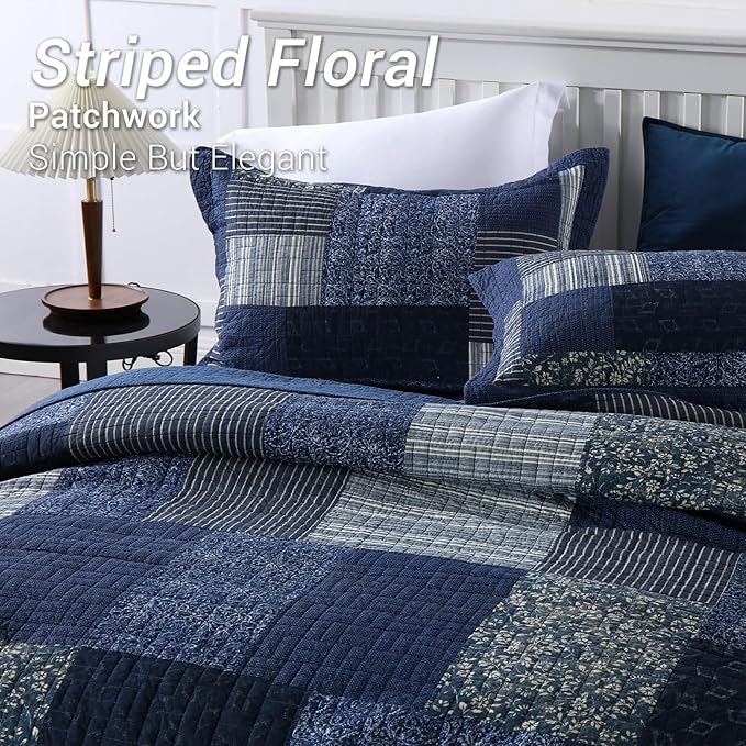 Yvooxny Quilts King Size Reversible Lightweight Bedspread 3-Piece Quilt Set Plaid Floral Patchwork 100% Cotton King Quilt Set Bedding Set with Pillow Shams for All Seasons, Azure Blue, 98x106''