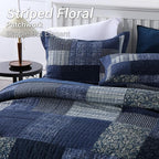 Yvooxny Quilts King Size Reversible Lightweight Bedspread 3-Piece Quilt Set Plaid Floral Patchwork 100% Cotton King Quilt Set Bedding Set with Pillow Shams for All Seasons, Azure Blue, 98x106''