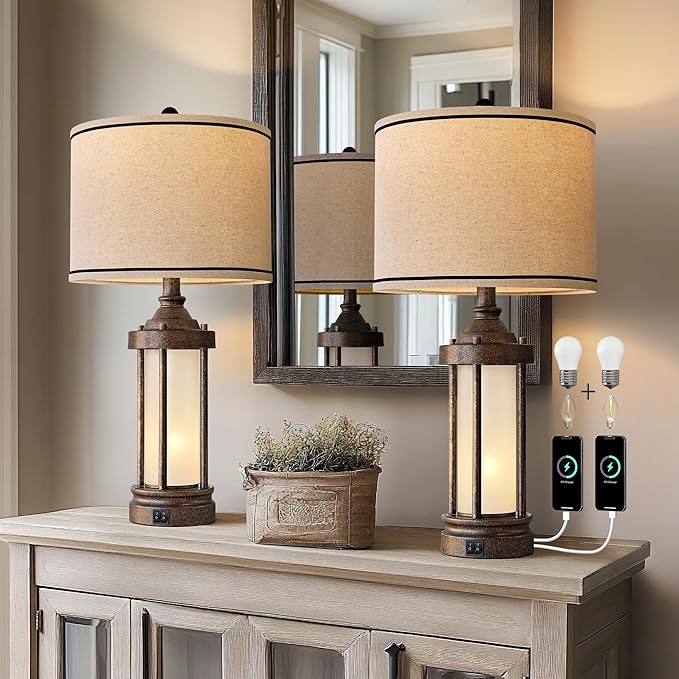 25'' Table Lamps Set of 2 for Living Room Bedroom Farmhouse Metal Lamps with 2 USB Ports, Built-In Frosted Glass Night Light Vintage Industrial Nightstand Bedside Lamp, 4 Bulbs Included, Bronze