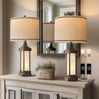 25'' Table Lamps Set of 2 for Living Room Bedroom Farmhouse Metal Lamps with 2 USB Ports, Built-In Frosted Glass Night Light Vintage Industrial Nightstand Bedside Lamp, 4 Bulbs Included, Bronze