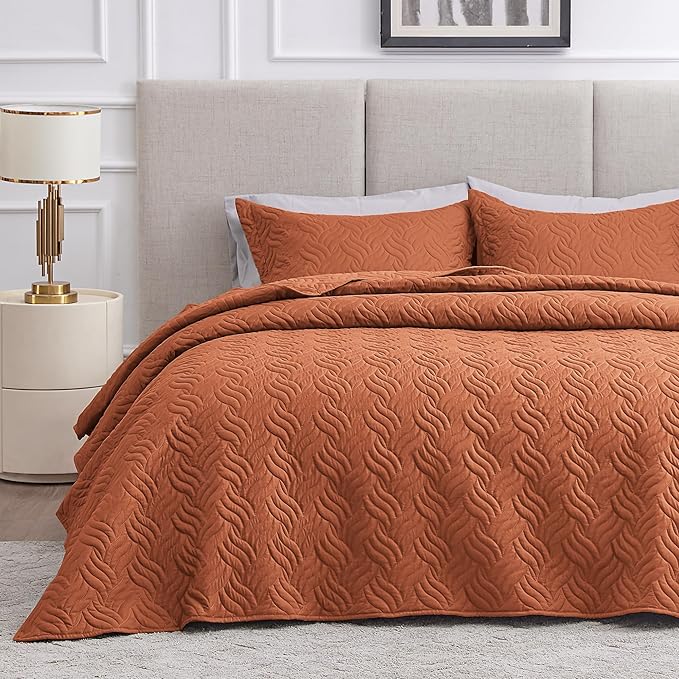 Love's cabin Twin Quilt Bedding Set Umber Bedspreads - Soft Bed Summer Lightweight Bedspread Comforter - Wave Pattern Bedding Coverlet for All Season - 2 Pieces (1 Quilt, 1 Pillow Sham)