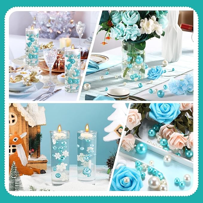 Teal White Vase Filler | 150PCS Pearls Bead for Centerpieces Vases | 8/14/20 mm No Hole Beads, Fake Pearls for Wedding Birthday Theme Party Table Centerpieces Decor