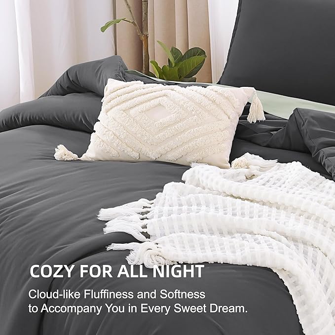 Litanika Grey Comforter Full Set, Dark Gray Lightweight Plain Bedding Comforters Sets, All Season Fluffy Bed Set (79x90In Comforter & 2 Pillowcases)