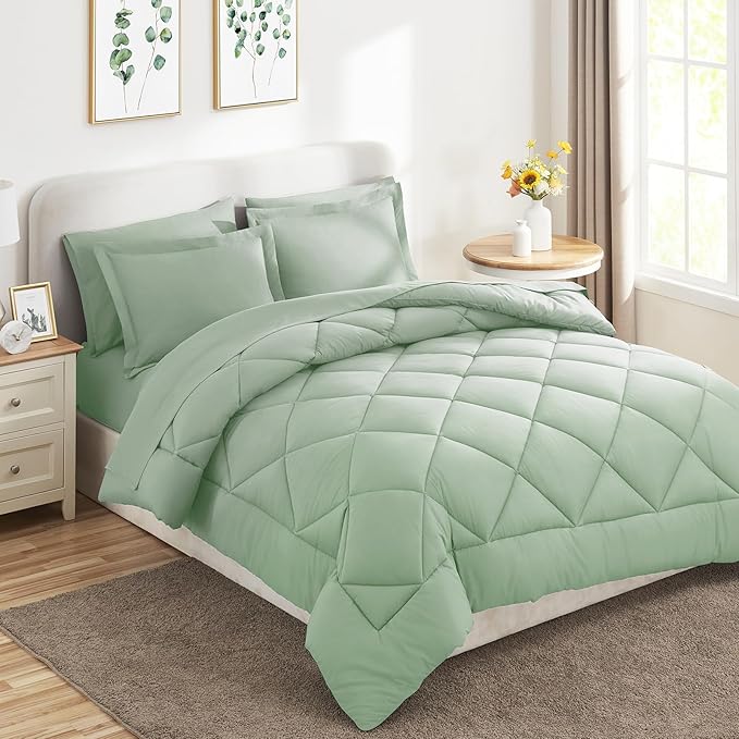 CozyLux King Size Comforter Set Sage Green - 7 Pieces Bed in a Bag King, Luxury Soft Bed Set for All Seasons, Bedding Set with Down Alternative Comforter, Sheets, Pillowcases & Shams