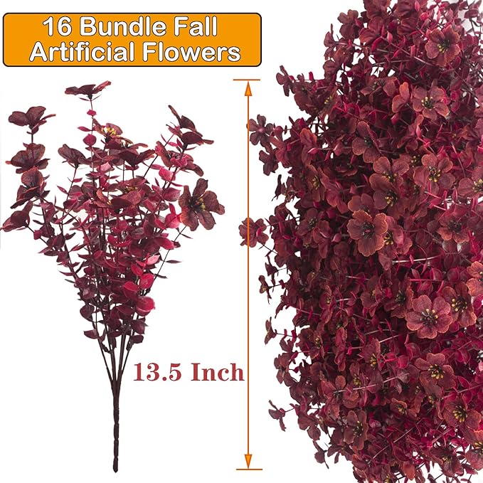 16 Bundles Artificial Boxwood Flowers Outdoor UV Resistant, 13.5" Fall Faux Greenery for Porch Planters Thanksgiving Decor - Fake Plants for Garden, Fireplace, Front Door(Wine Red)