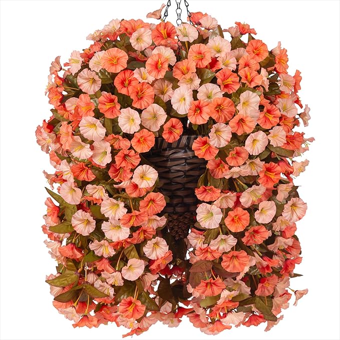Artificial Fake Fall Hanging Flowers Plants Basket for Outdoor Autumn Decoration, Faux Silk Morning Glory Long Vines Realistic UV Resistant for Outside Home Porch Garden (Fall Orange+Light Orange)