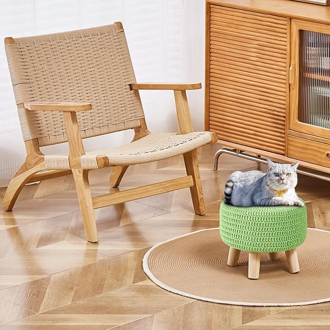 Wimarsbon Pouf Ottoman, 100% Cotton Knitted Boho Footstool, Round Footrest with Non-Skid Wood Legs, Home Décor Handmade Pouffe, Leisure Floor Step Stool for Living Room (Matcha)