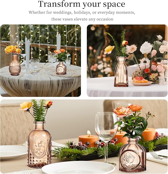 Glass Bud Vases Set of 64 - Amber Assorted Small Mini Glass Vases for Flowers, Crystal Vintage Vase Set, Bulk Centerpieces for Table Décor, Wedding, Home and Events (Amber, 64 Pcs)