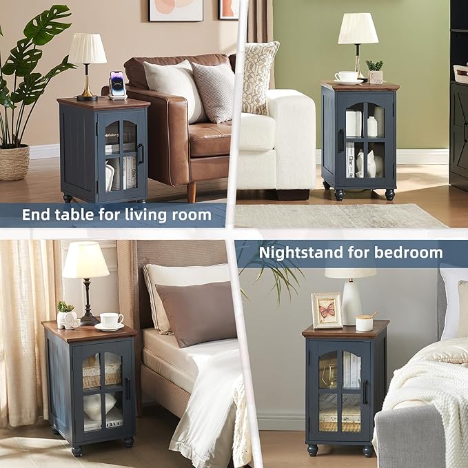 Farmhouse End Table Set of 2 with Charging Station, 18'' Narrow Side Table and 24" Large Sofa Side Table with Glass Barn Door Storage, Wood Night Stand Bedside Table for Living Room,Bedroom