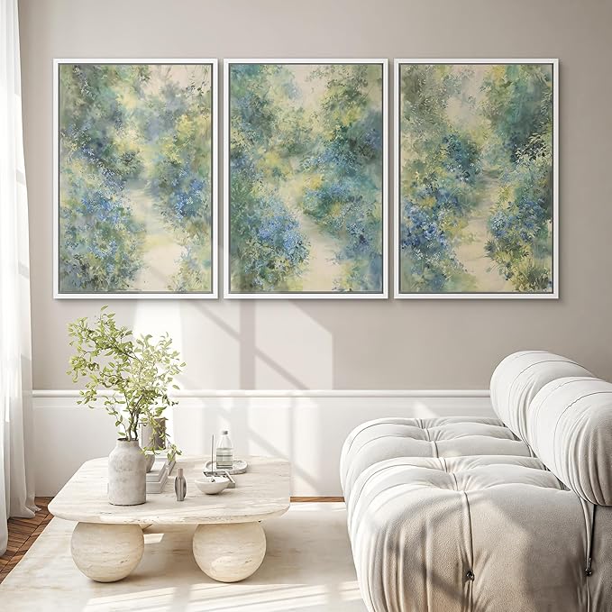 SIGNWIN Framed Canvas Print Wall Art Blue and Green Floral Impressionist Nature Scene Photography Modern Art Minimalist Black and White for Living Room, Bedroom, Office - 24"x36"x3 White