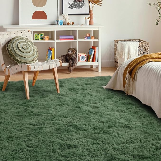 5x7 Ft Shag Green Area Rug for Bedroom Living Room, Ultra Soft Fluffy Furry Rugs for Indoor Floor, Aesthetic Carpet for Kids Home Decor