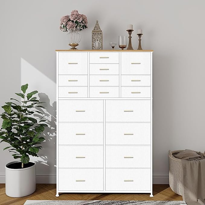 Modern Chest of Drawers for Bedroom，Tall White Fabric Dresser with 18 Deep Drawers, Large Vertical Storage Organizer Cabinet for Closet, Nursery, Office