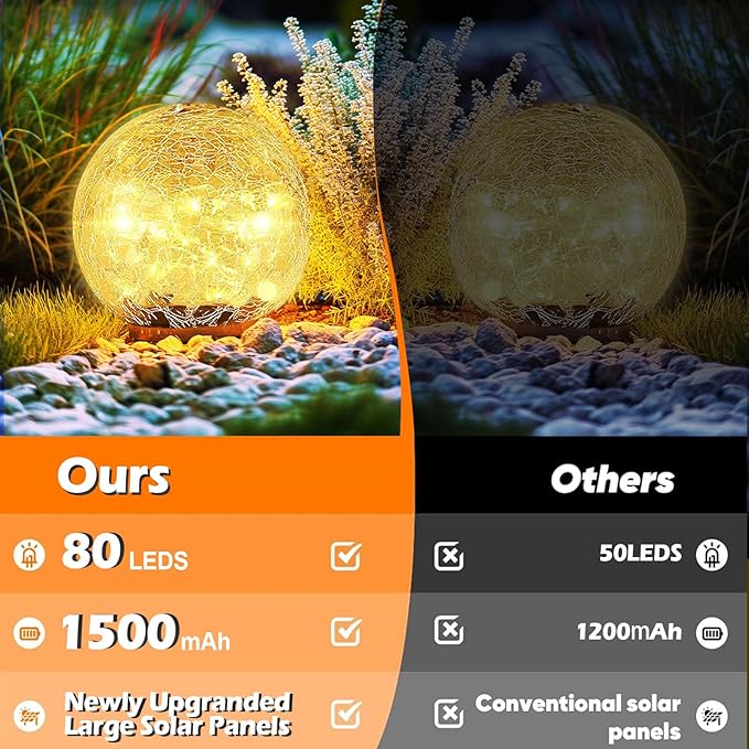 Garden Solar Ball Lights Outdoor Waterproof, 80 LED Cracked Glass Globe Solar Power Ground Lights for Path Yard Patio Lawn, Christmas Decoration Landscape Warm White(2 Pack 5.9'')