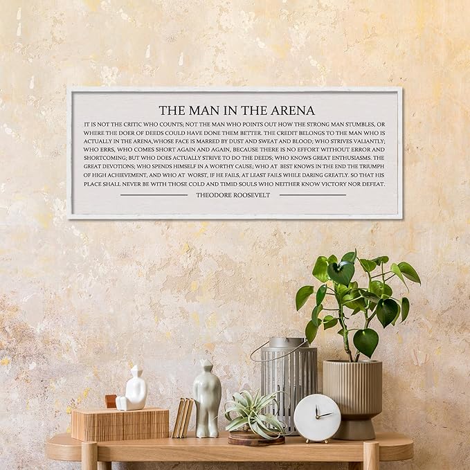 LuZhiQiang The Man in the Arena Wall Decor 40''x15'' Inspirational Quotes Office Wood Framed Sign Rustic Home Motivational Art For Man Entrepreneur Morden Living Room Wall Hanging Decor (White)