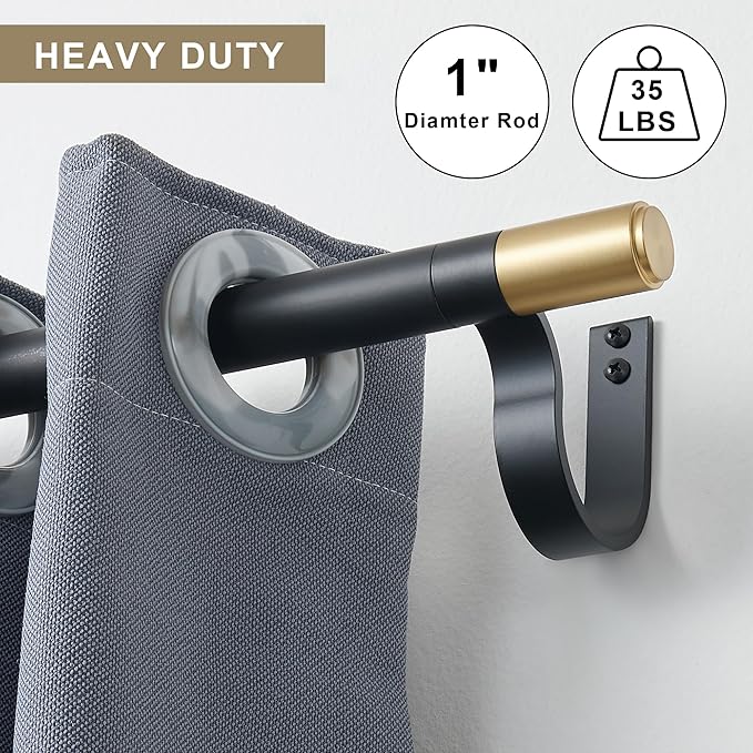 Curtain Rods for 28-130” Windows, Splicing Construction, 1” Adjustable Drapery Rod with Aluminum Alloy Brackets and Finials for Window, Sliding Door, Patio, Living Room Decoration, Matte Black&Gold