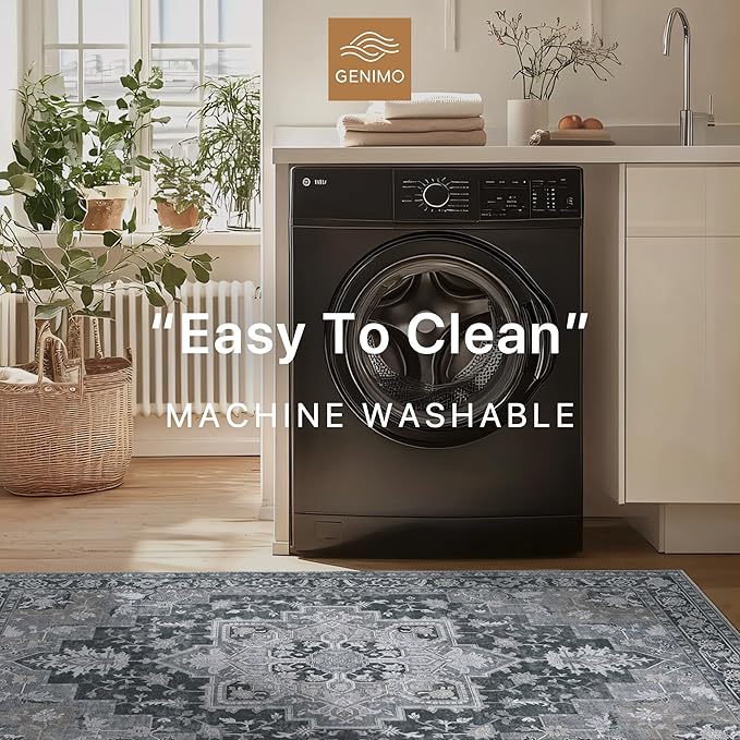 GENIMO 10x14 Area Rugs for Living Room, Machine Washable Non Slip Vintage Rugs, Low Pile Lightweight Chenille Print Rug for Bedroom, Dining Room, Home Office,Dark Gray