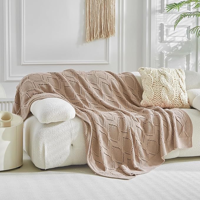 Longhui bedding Chunky Cotton Knit Throw Blanket for Couch, Sofa, Bed, or Chair, Decorative Breathable Fall Cable Knit Blanket 51 x 63 Inches, Pink Rose