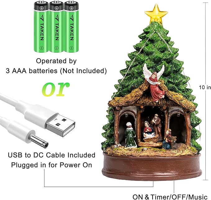 Christmas Tree Lighted and Animated Manger Nativity Scene, Musical Angel Family Figurines LED Light Play Silent Night Music, Ideal Xmas Decor Gifts and Tabletop Xmas Collection Decorations for Home