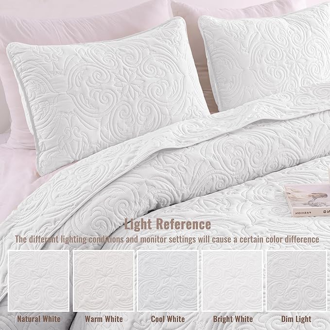 Exclusivo Mezcla Quilt Set Oversized King Size with 2 Pillow Shams, Lightweight White Quilts with Vintage Damask Pattern, Soft Cal King Bedspreads Coverlets Bedding Set for All Seasons