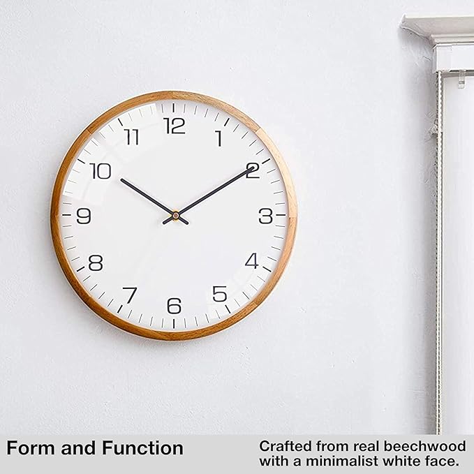 Driini Analog Dome Glass Wall Clock (12") - Wood Frame with White, Modern Face - Battery Operated with Non Ticking Hands - Large Decorative Clocks for Classroom, Office, Living Room, or Bedrooms.