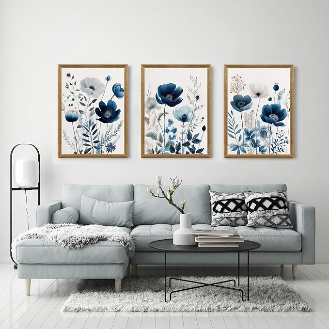 DUWQU 3 Pcs Blue Floral Canvas Wall Art, Wood Framed Navy Blue Wildflower Lily Daisy Art Wall Decor, Watercolor Botanical Flower Home Poster Art Prints for Living Room Bedroom Bathroom 12×16 Inches