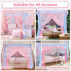 Twin Size Bed Canopy with Lights, Bed Canopy for Girls Princess with Luminous Stars, Canopy Bed Curtains for Twin Bed Kids Indoor Decor Bedroom, 4 Corner Post Bunk Bed for Student Dormitory, Blue&Pink