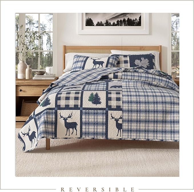 Great Bay Home Lodge Bedspread Twin/Twin XL Size Kid's Quilt with 1 Sham. Cabin 2-Piece Reversible All Season Quilt Set. Rustic Quilt Coverlet Bed Set. Stonehurst Collection. (Navy/Grey)
