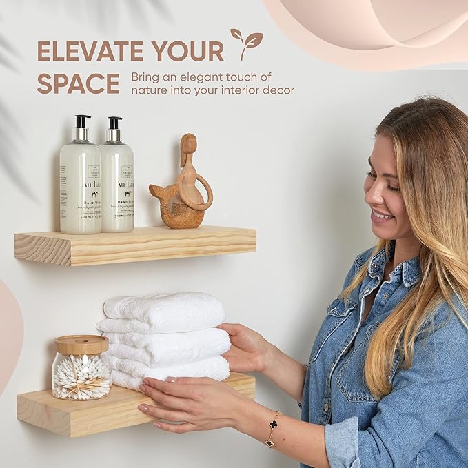 Homeforia 18 inch Natural Floating Shelf, High End Solid Real Wood 18inch Small Floating Shelves for Wall Mounted, Natural Wooden Floating Shelves, Heavy Duty Bracket, 18 X 6.5 X 1.75 in, Set of 3