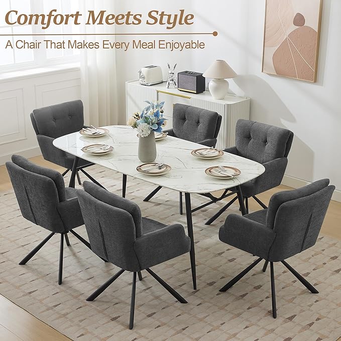 Fabric Dining Chair Set of 2 Modern Upholstered Swivel Dining Room Chairs Comfy Accent Armchair with Mid Back, Desk Arm Chair No Wheels for Kitchen/Living Room/Dining Room, Grey