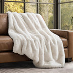 Luxury Faux Fur Throw Blanket, Soft Fluffy Faux Mink Blankets for Bed, Couch, Sofa, Thick Cozy Plush Warm Fur Throws with Reversible Velvet, Ivory Mink, 60"x80"
