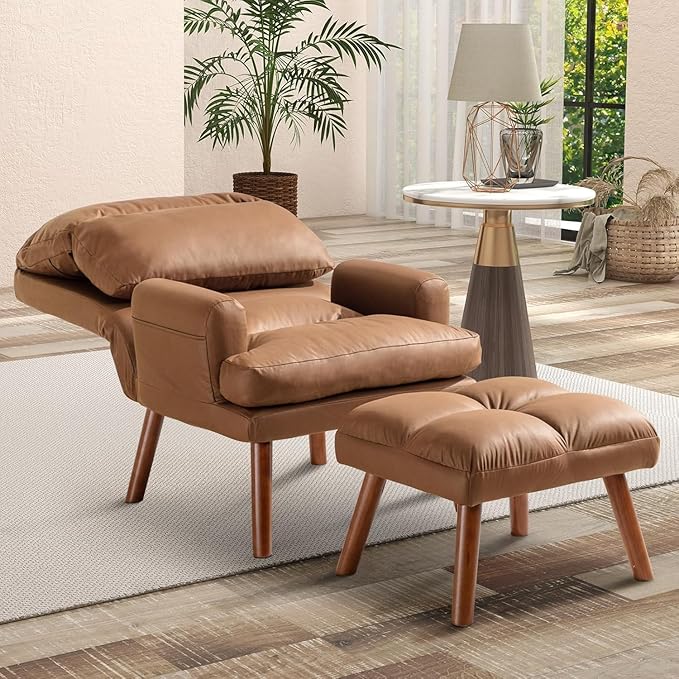 CANMOV Modern Accent Chair with Ottoman Set of 2, Soft Fabric Armchair with Adjustable Backrest and Side Pockets, Comfy Lounge Chair for Living Room, Bedroom, Apartment, Office, Camel