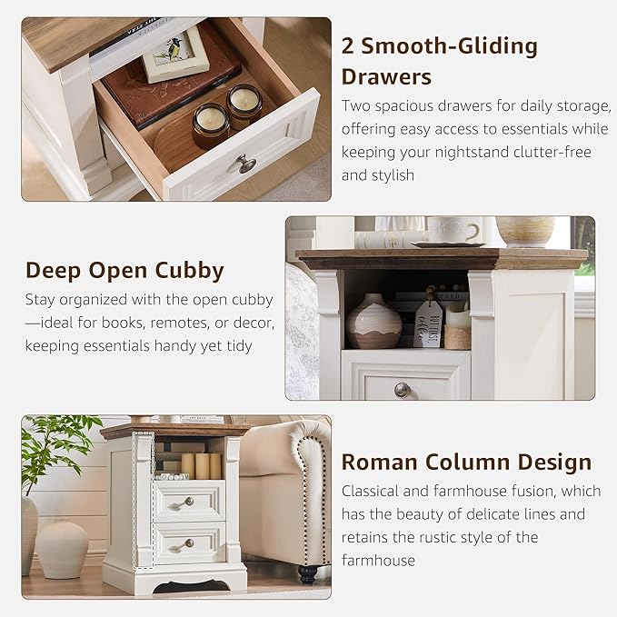 Farmhouse Nightstand with Charging Station, 18" End Table with 2 Drawers Storage, Wood Side Table w/Roman Column, Bedside Cabinet for Bedroom, Living Room, Antique White