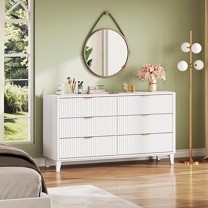 WLIVE Fluted Dresser for Bedroom with 6 Drawers, 54" Wide Wood Dresser with Golden Metal Handles, TV Stand for 65 inch TV, Mid Century Modern Chest of Drawers for Living Room, Hallway, Closet, White