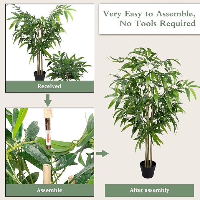 Artificial Bamboo Tree, 5 ft Fake Tree, Faux Silk Plant with Pot, Fake Plants for Home Office Indoor Outdoor Decor, 5 Natural Bamboo Trunks
