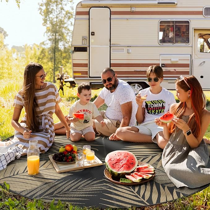 GENIMO Outdoor Rug 8' Round Waterproof for Patios Clearance, Reversible Outdoor Plastic Straw Camping Rug Carpet, Large Area Rugs Mats for RV, Camper, Deck, Balcony, Porch, Beach, Picnic, Black&Brown