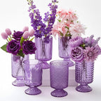 6 Pcs (H:7" W:4") Embossed Flower Vase Fall Pedestal Glass Vase Big Base Thickened Crystal Vintage Vases for Autumn Wedding Home Decor Table Centerpiece House Warming Gifts(Purple)
