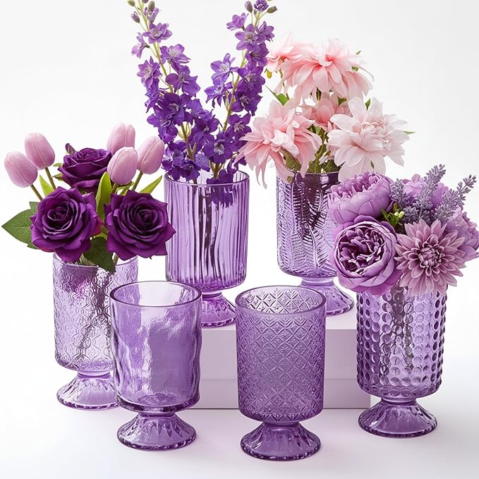 6 Pcs (H:7" W:4") Embossed Flower Vase Fall Pedestal Glass Vase Big Base Thickened Crystal Vintage Vases for Autumn Wedding Home Decor Table Centerpiece House Warming Gifts(Purple)
