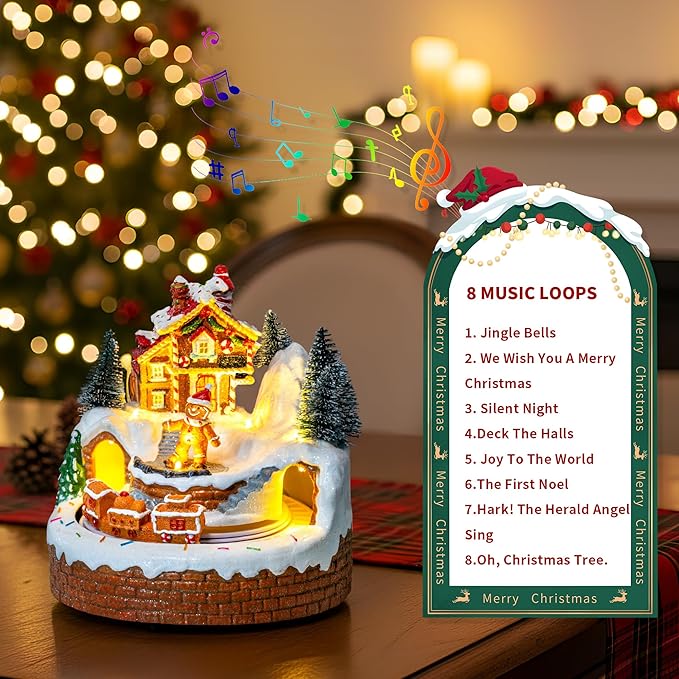 Animated Musical Christmas Village Figurines - Gingerbread House Building and Gingerbread Man with Train, LED Lights & Music - Battery or USB Powered and Home Collection Decorations