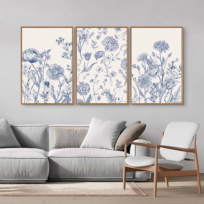 Tinonedraw Large Classic Chinoiserie Flower Framed Canvas Wall Art Set, Navy Blue and White Floral Wall Decor, Minimalist Neutral Botanical Art Printing for Living Room Bedroom Office Dorm 24"x36"x3