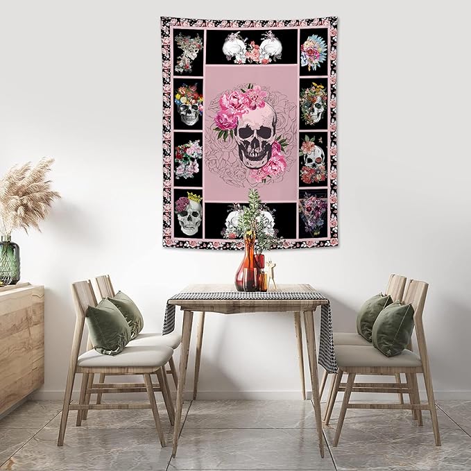 yowecso Sugar Skull Tapestry Horror Skeleton Tapestry Wall Hanging for Bedroom Rose Skull Tapestries Aesthetic Wall Decor for Home Dorm Living Room 40"x60"