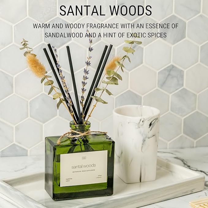 Craft & Kin Reed Diffuser with Dried Flowers | 5 oz Santal Woods Fall Scented Reed Diffusers for Home, Bathroom | Scent Sticks | Elegant Fragrance Home Decor for Men & Women