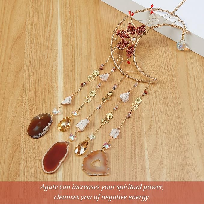 Twined Waterlily Moon Gemstone Agates Dream Catcher 7 Chakras Tree of Life Dream Catcher with Healing Crystal Handmade Dreamcatcher Wall Decor for Adults Boys Girls,Bedroom,Wedding,Garden,Bless Gift