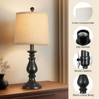 QiMH Farmhouse Table Lamp Set of 2, Rustic Table Lamps for Living Room, Vintage Nightstand Lamp with Rotary Switch, Beside Lamps for Bedroom, Traditional Table Lamps with Linen Shade, Matte Black