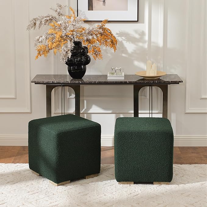 KINWELL 18.5" Wide Modern Square Boucle Upholstered Ottoman with Solid Wood Legs Set of 2, Cube Ottoman Multi-Functional Sofa Footrest, Extra Seating for Living Room, Bedroom, Fully Assembled (Green)