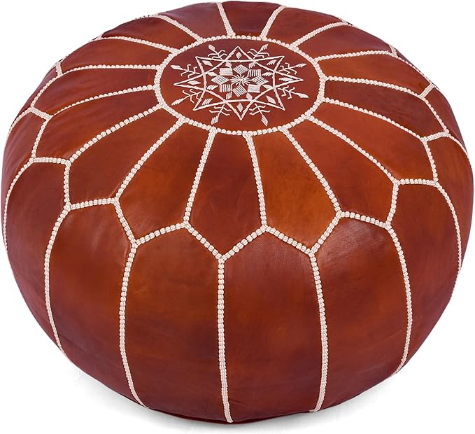 Marrakesh Gallery Genuine Leather Round Pouf Cover - Handmade Moroccan Ottoman Footstool, Unstuffed Footrest - Boho Decor - Bohemian Living Room, Bedroom, Kids Room - Housewarming Gift & Wedding